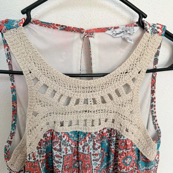 Speechless Teal and Coral Patterned Crochet Mini Dress - Picture 4 of 9